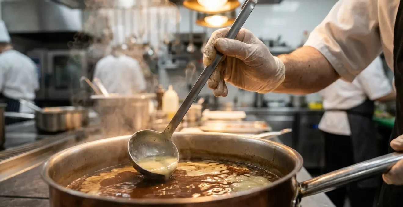 Gros plan sur une louche métallique froide retirant le gras figé à la surface d'une sauce