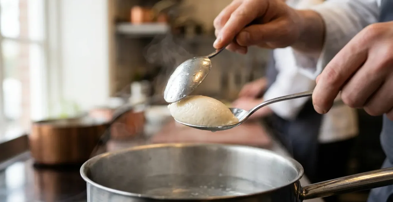 Mains de chef formant une quenelle avec deux cuillères au-dessus d'une casserole d'eau frémissante