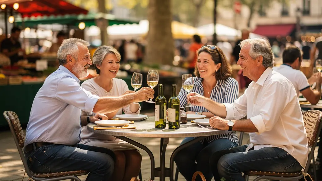 Terrasse animée d'un café du boulevard de la Croix-Rousse avec des habitués dégustant un verre de vin blanc