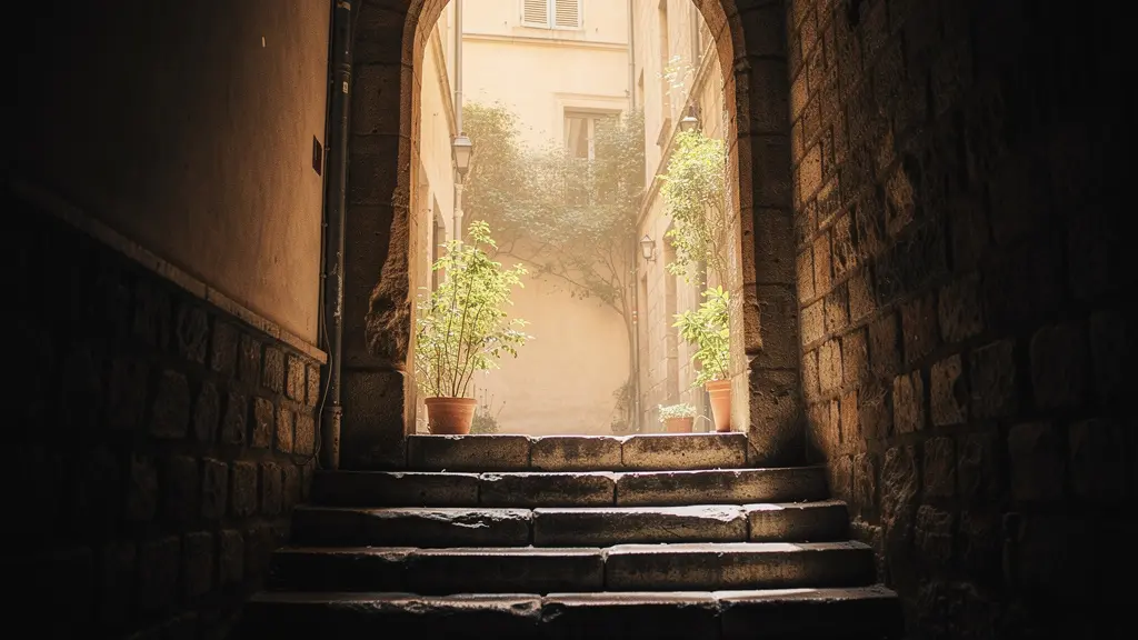 Passage voûté d'une traboule lyonnaise avec escalier en pierre et lumière filtrant par une cour intérieure