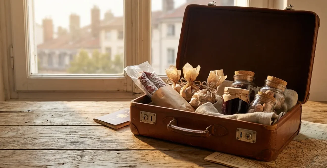 Valise vintage ouverte révélant des spécialités lyonnaises soigneusement emballées pour le voyage