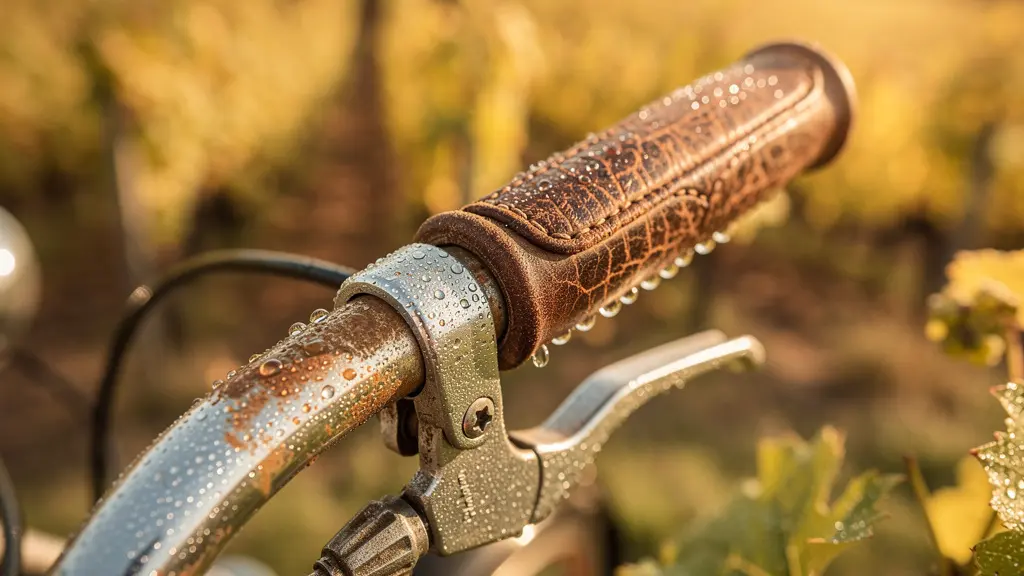 Cycliste sur vélo électrique traversant les rangées de vignes dorées du Beaujolais en automne