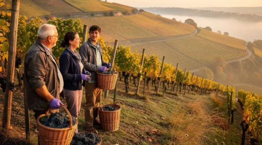 Vendangeurs récoltant des grappes de raisin Gamay dans les vignes pentues du Beaujolais en septembre