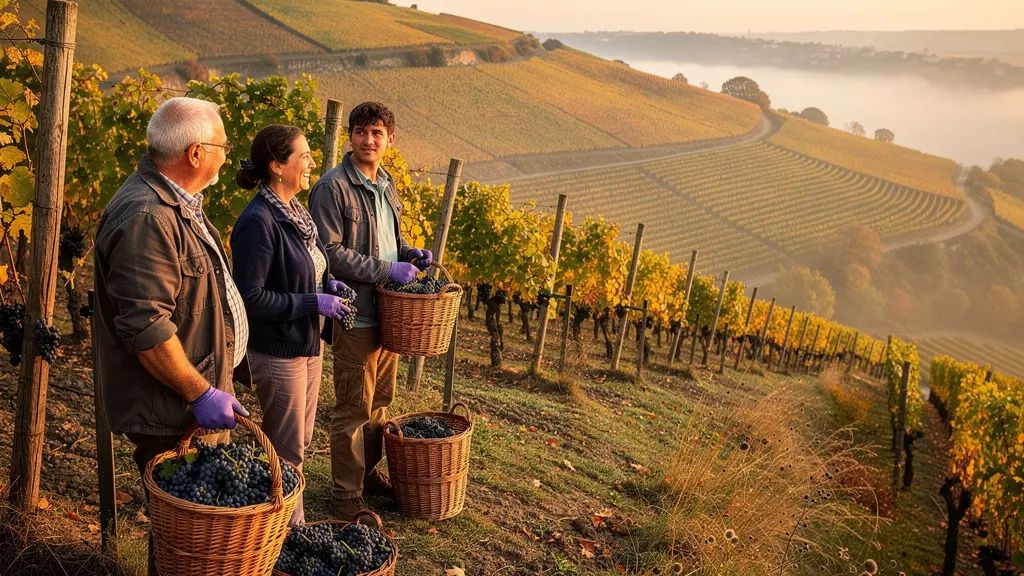 Vendangeurs récoltant des grappes de raisin Gamay dans les vignes pentues du Beaujolais en septembre