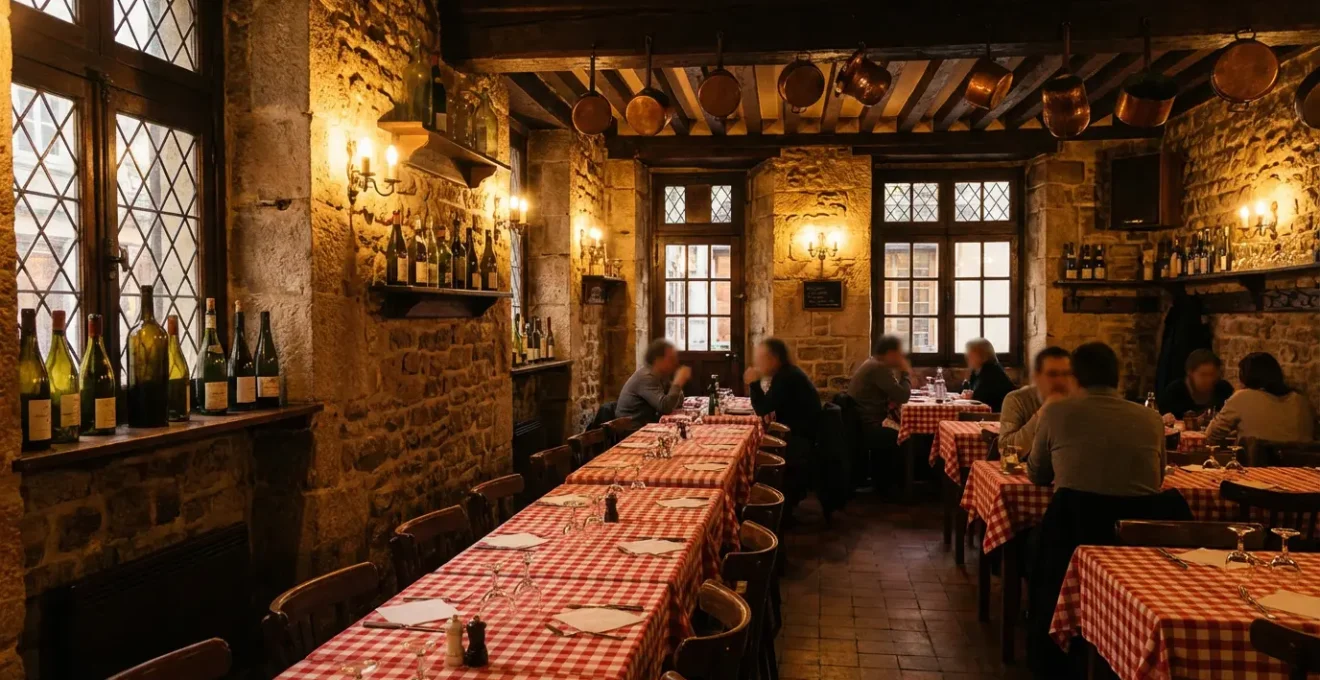 Intérieur typique d'un bouchon lyonnais avec nappes à carreaux rouges et blancs, tables rapprochées et atmosphère chaleureuse