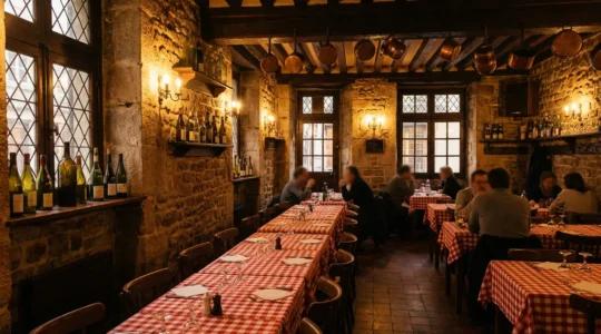 Intérieur typique d'un bouchon lyonnais avec nappes à carreaux rouges et blancs, tables rapprochées et atmosphère chaleureuse