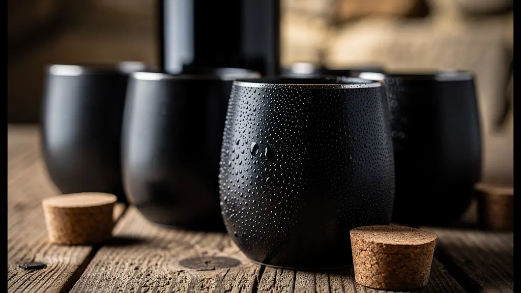 Verres noirs opaques pour dégustation à l'aveugle avec carafes de vin nature