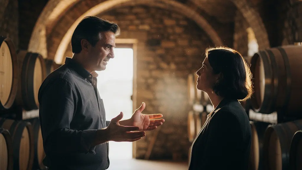 Vigneron passionné expliquant le terroir à un visiteur dans une cave voûtée