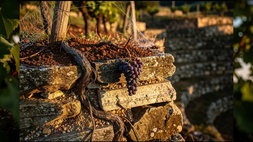 Détail des murs en pierre sèche soutenant les terrasses viticoles avec racines visibles