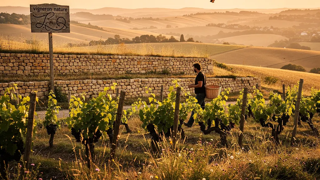 Vignoble du Beaujolais en terrasses avec vignes de gamay au premier plan et collines dorées en arrière-plan