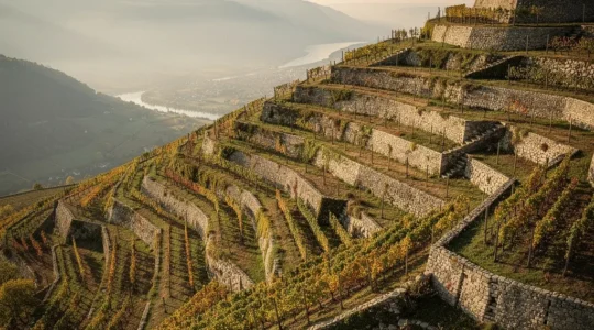 Vue panoramique des terrasses viticoles escarpées de la Côte-Rôtie au coucher du soleil
