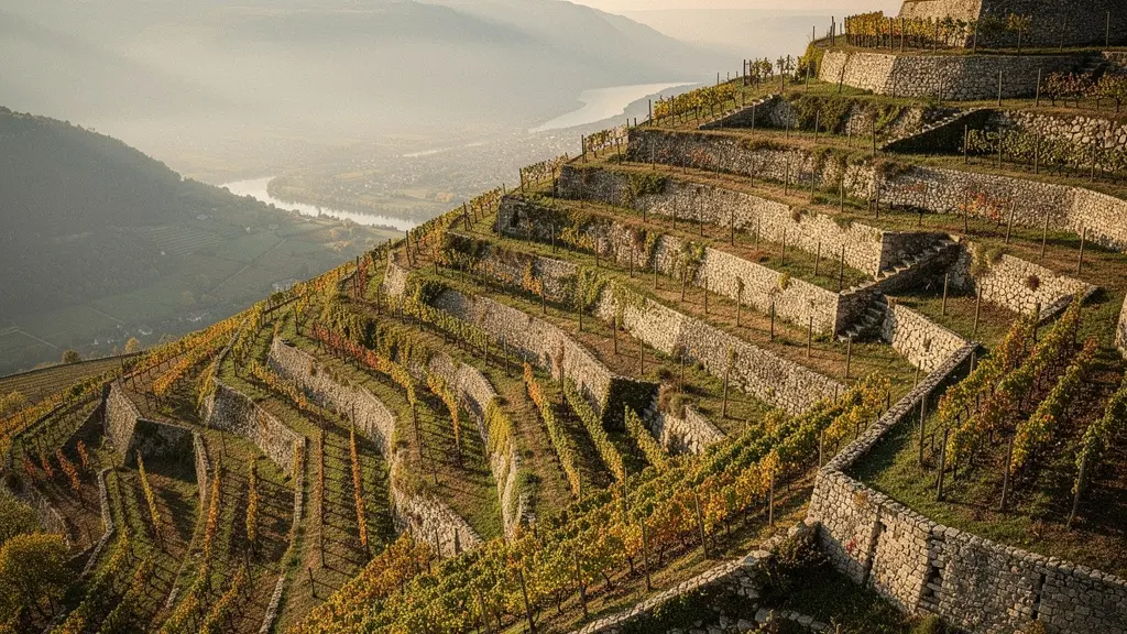 Vue panoramique des terrasses viticoles escarpées de la Côte-Rôtie au coucher du soleil