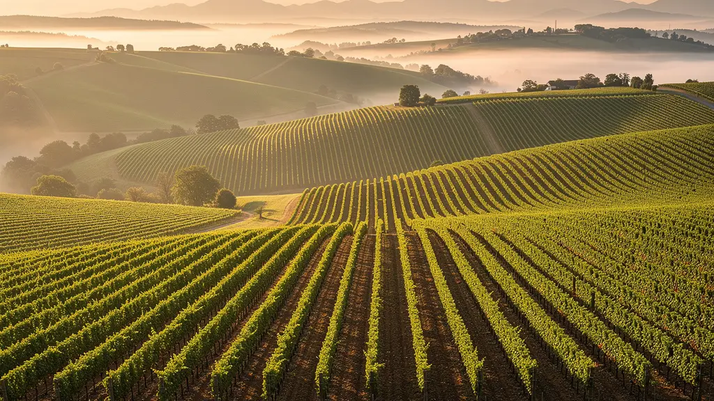 Vue aérienne des vignobles en terrasses autour de Lyon et Bordeaux avec lumière dorée du matin