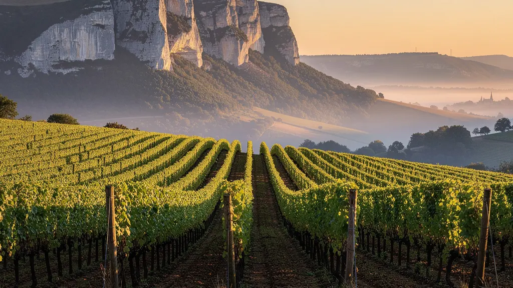 Vue des vignobles du Mâconnais avec roches de Solutré et Vergisson au coucher du soleil