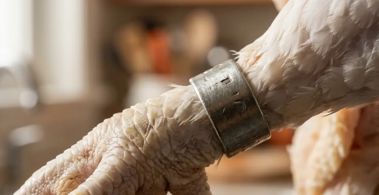 Détail d'une volaille de Bresse avec sa bague d'identification et son scellé tricolore visible