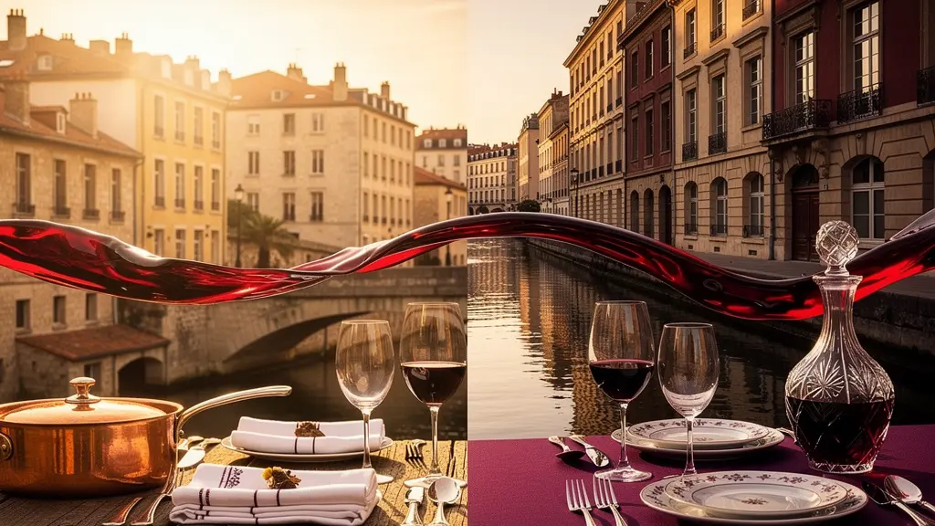 Vue panoramique comparée de Lyon et Bordeaux avec leurs spécialités gastronomiques respectives en composition symétrique