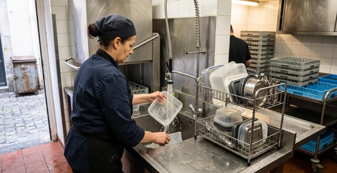 Un agent de cuisine rince et empile des contenants alimentaires réutilisables retournés à une station de lavage en inox.