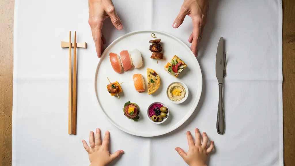 Assiette de dégustation colorée avec petites portions variées pour enfant au restaurant Assiette de dégustation colorée avec petites portions variées pour enfant au restaurant