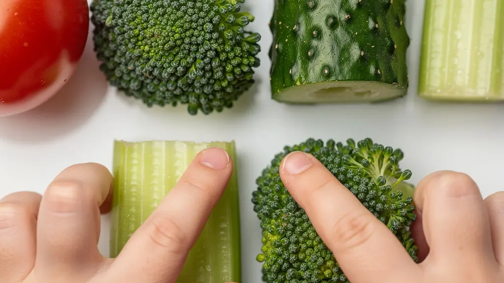 Enfant explorant différentes textures de légumes avec les mains et les yeux bandés Enfant explorant différentes textures de légumes avec les mains et les yeux bandés