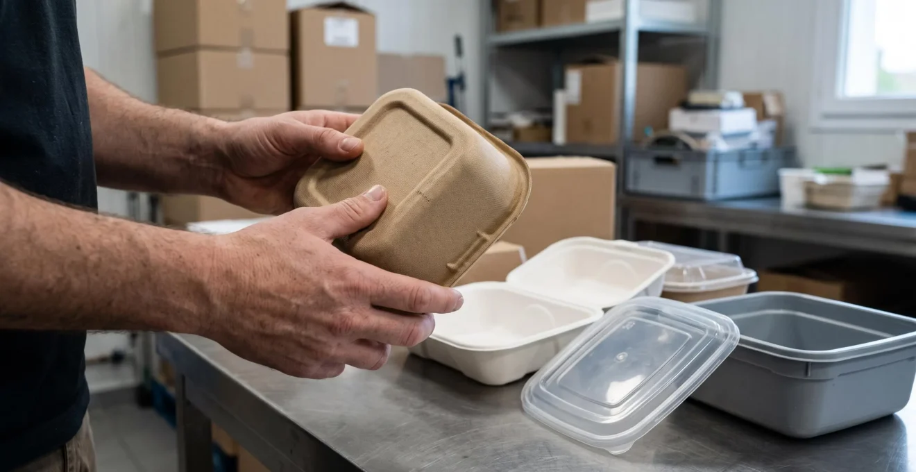 Des mains examinent un échantillon de barquette compostable posé sur une table en inox à côté d'autres échantillons d'emballages.