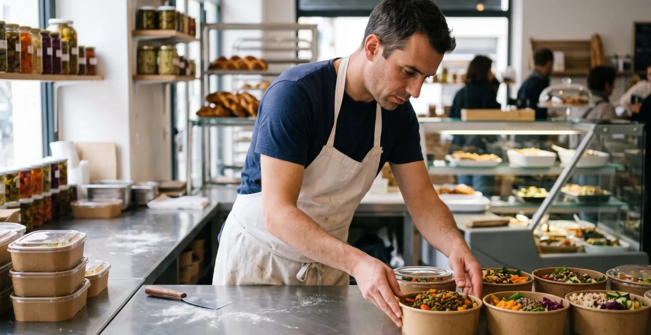 Un professionnel de l'alimentation range des plats dans des contenants réutilisables en carton kraft et verre sur un plan de travail en inox.