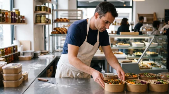Un professionnel de l'alimentation range des plats dans des contenants réutilisables en carton kraft et verre sur un plan de travail en inox.